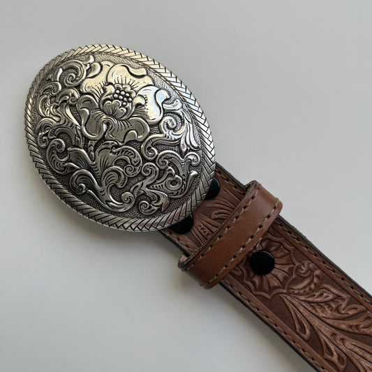 Oval Buckle Brown Embroidered Belt