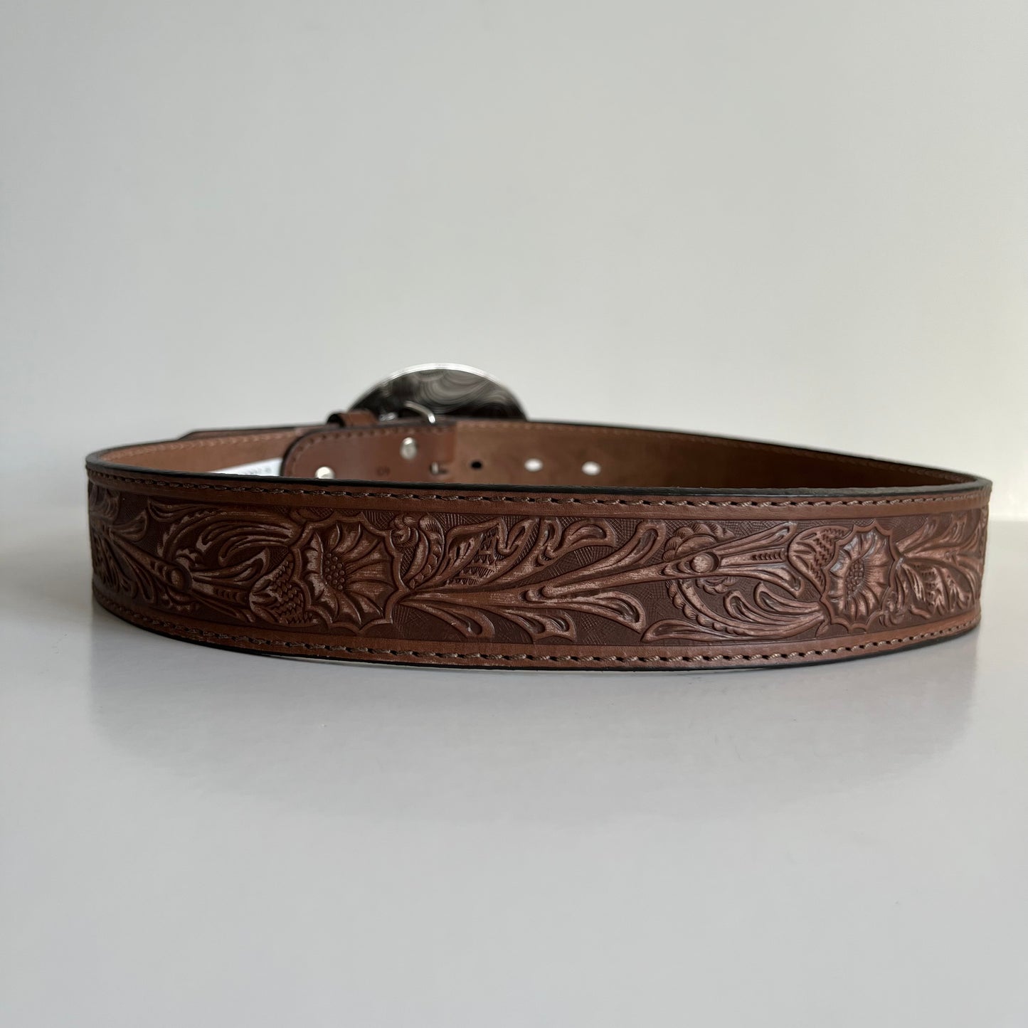 Oval Buckle Brown Embroidered Belt