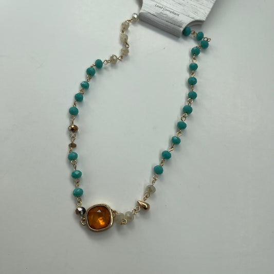 Cream/Turquoise Stone Necklace + Stud Set