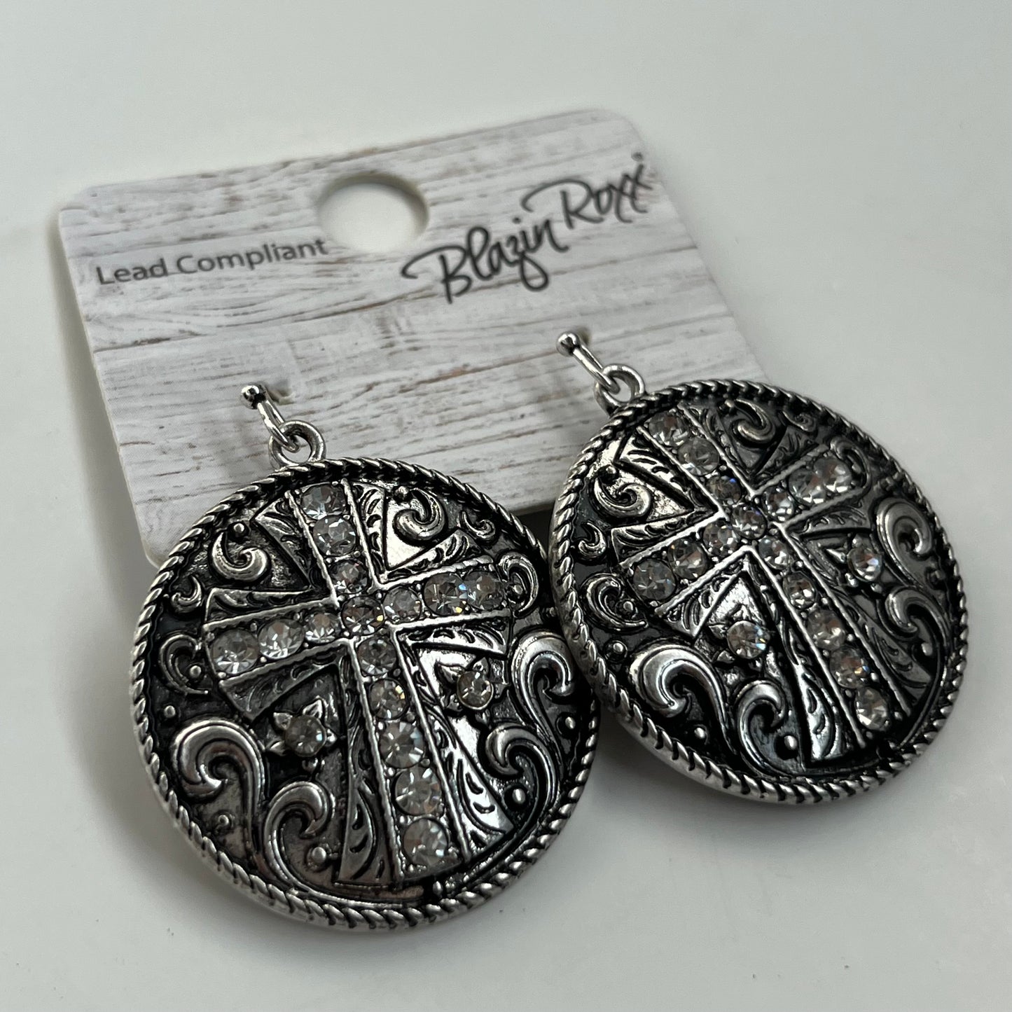 Round Silver Cross Crystal  Dangle Earrings