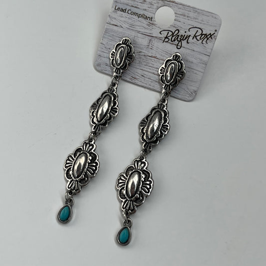 Silver Antique + Long Tier Flower Turquoise Earrings