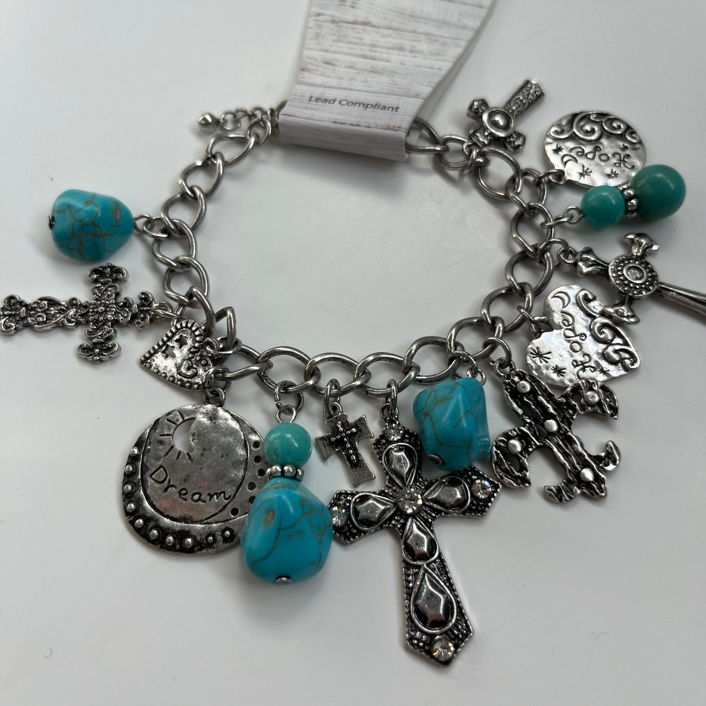 Turquoise Stones & Cross Charm Bracelet