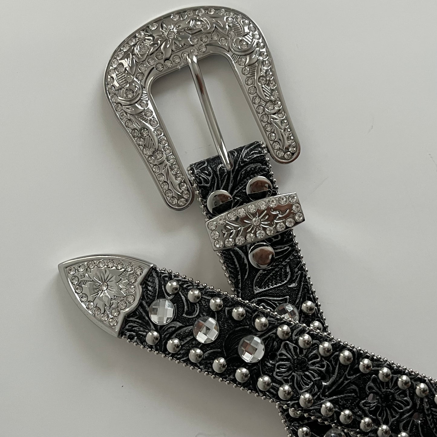 Luxurious Black & Silver Flower Rhinestone Women's Belt