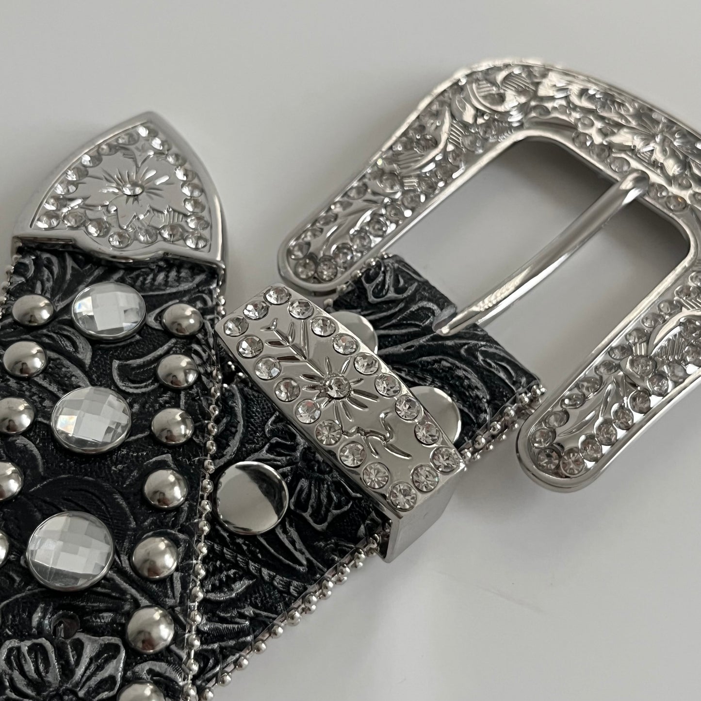 Luxurious Black & Silver Flower Rhinestone Women's Belt