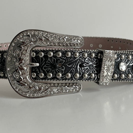 Luxurious Black & Silver Flower Rhinestone Women's Belt