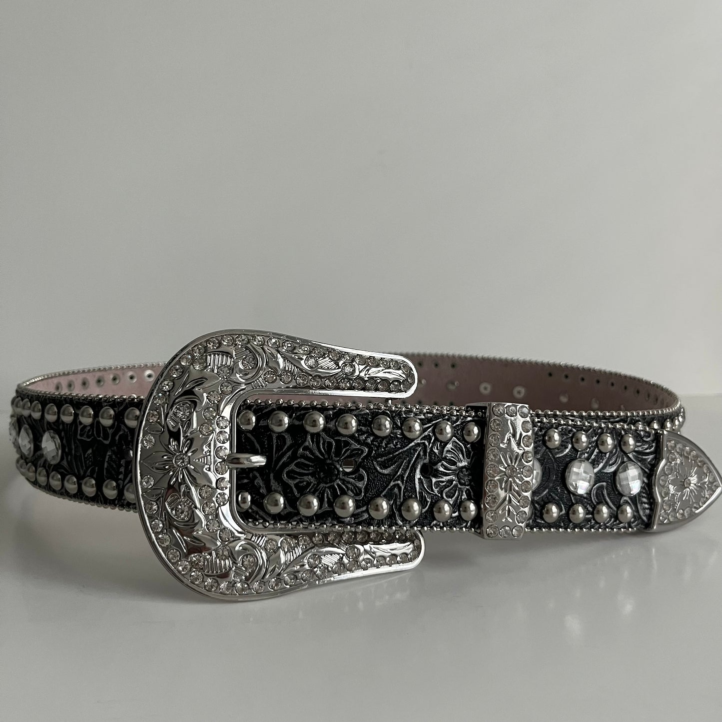 Luxurious Black & Silver Flower Rhinestone Women's Belt